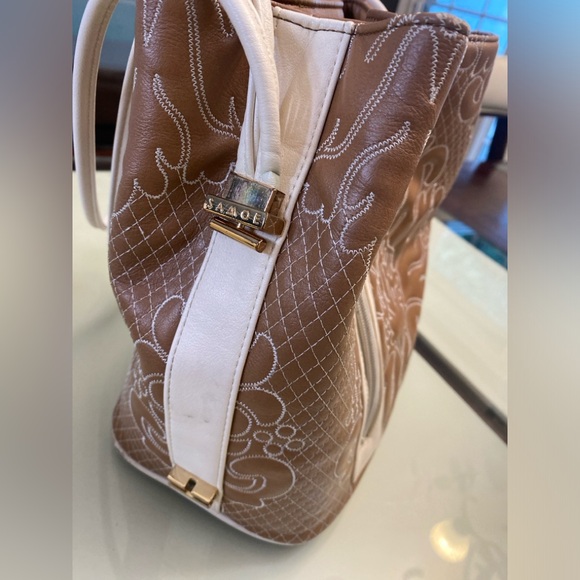 Samoe Square Top Handle Bag Mixed Colors Pockets Size 10H X 8L Brown Tan Beige - Picture 3 of 16
